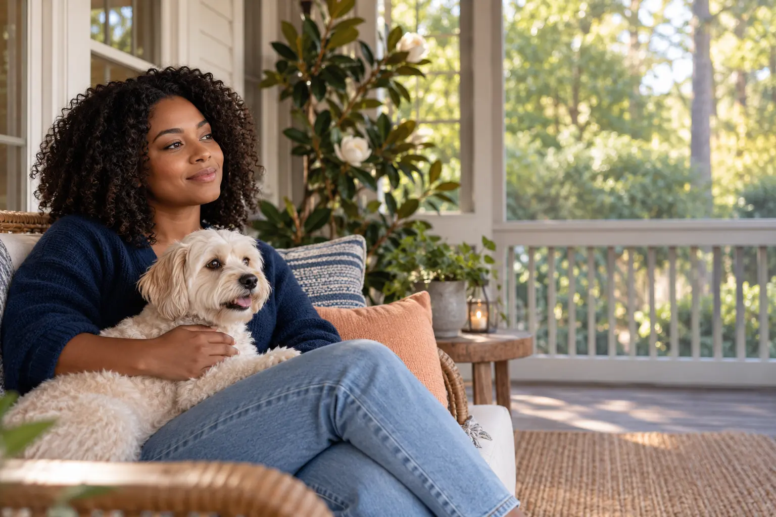 Georgia resident relaxing with her dog on a screened porch